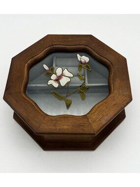 Vintage Octagonal Wooden Jewelry Trinket Box Mele Faux Stained Glass Window Lid